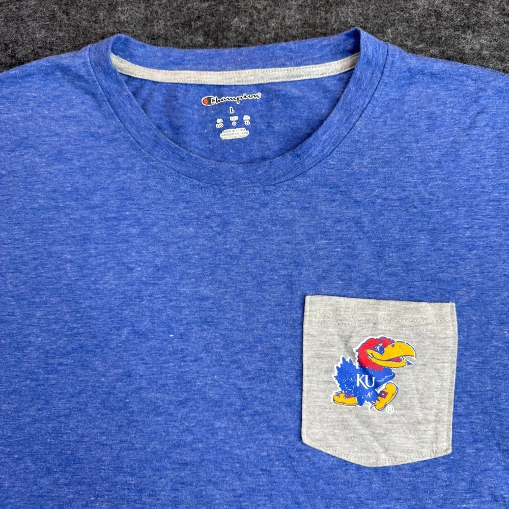 Champion Kansas Jayhawks T-Shirt Mens Large Blue‎ Pocket Tee - Picture 2 of 12